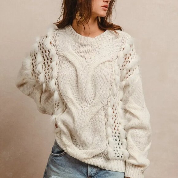 BiBi Faux Fur Detailed Pointelle Cable Knit Sweater - Picture 3 of 5